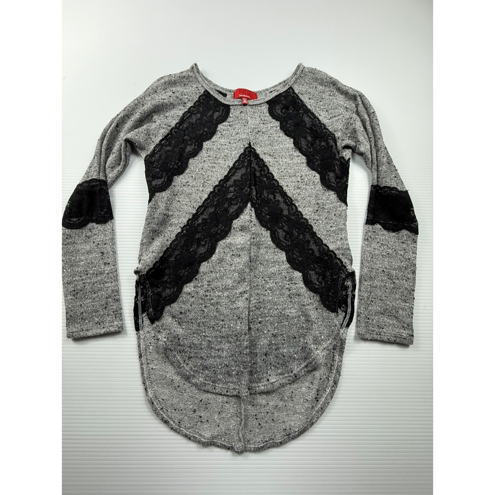 RED Saks Fifth Avenue Gray Marled Knit Lace Trim High Low Tunic Top XS Womens‎